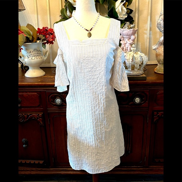 Madewell Ivory Striped Cold Shoulder Dress Size 12 - Picture 3 of 6